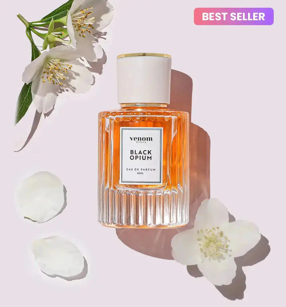 Perfume bottle labeled 'Black Opium' with white flowers and 'Best Seller' tag.