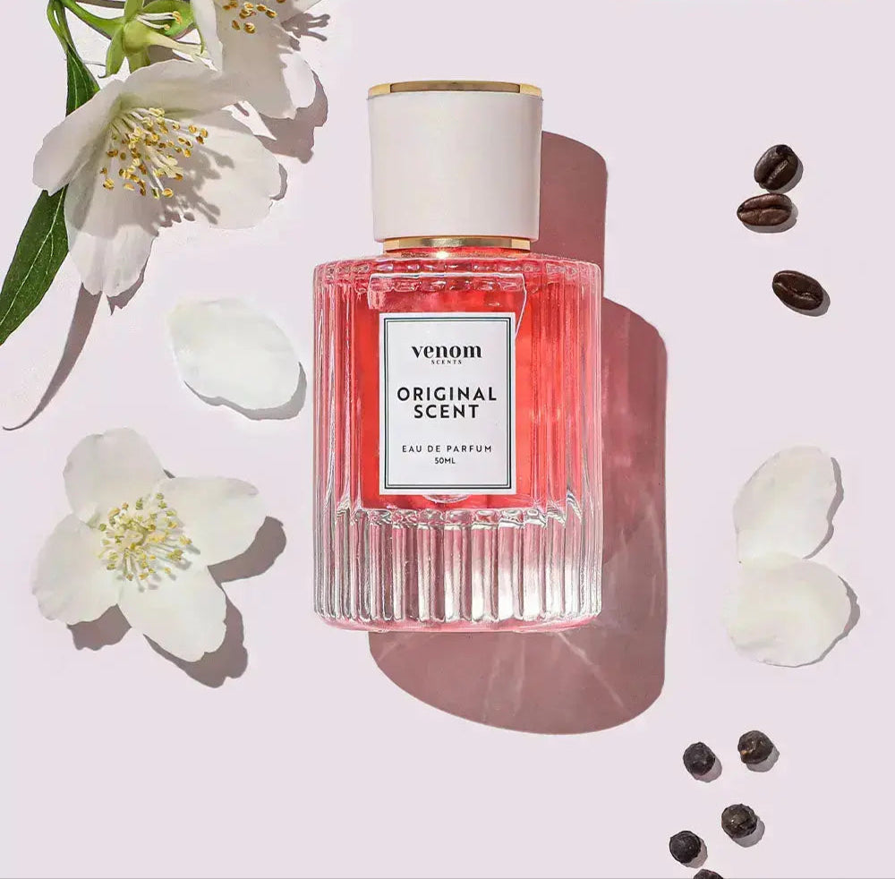 Perfume bottle with flowers and coffee beans labeled 'Best Seller.'